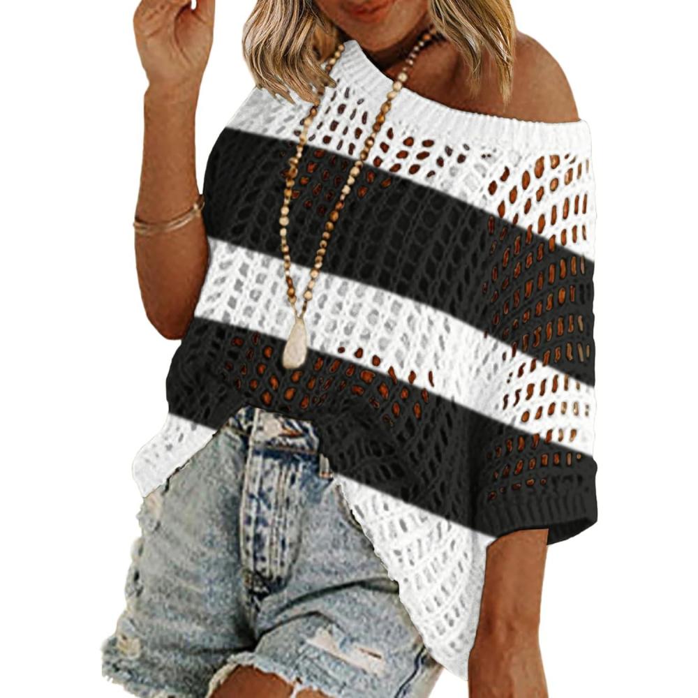 imageZeagoo Short Sleeve Crochet Sweater Lightweight Summer Tops Loose Hollow Out Crewneck PulloverBlack White Stripes