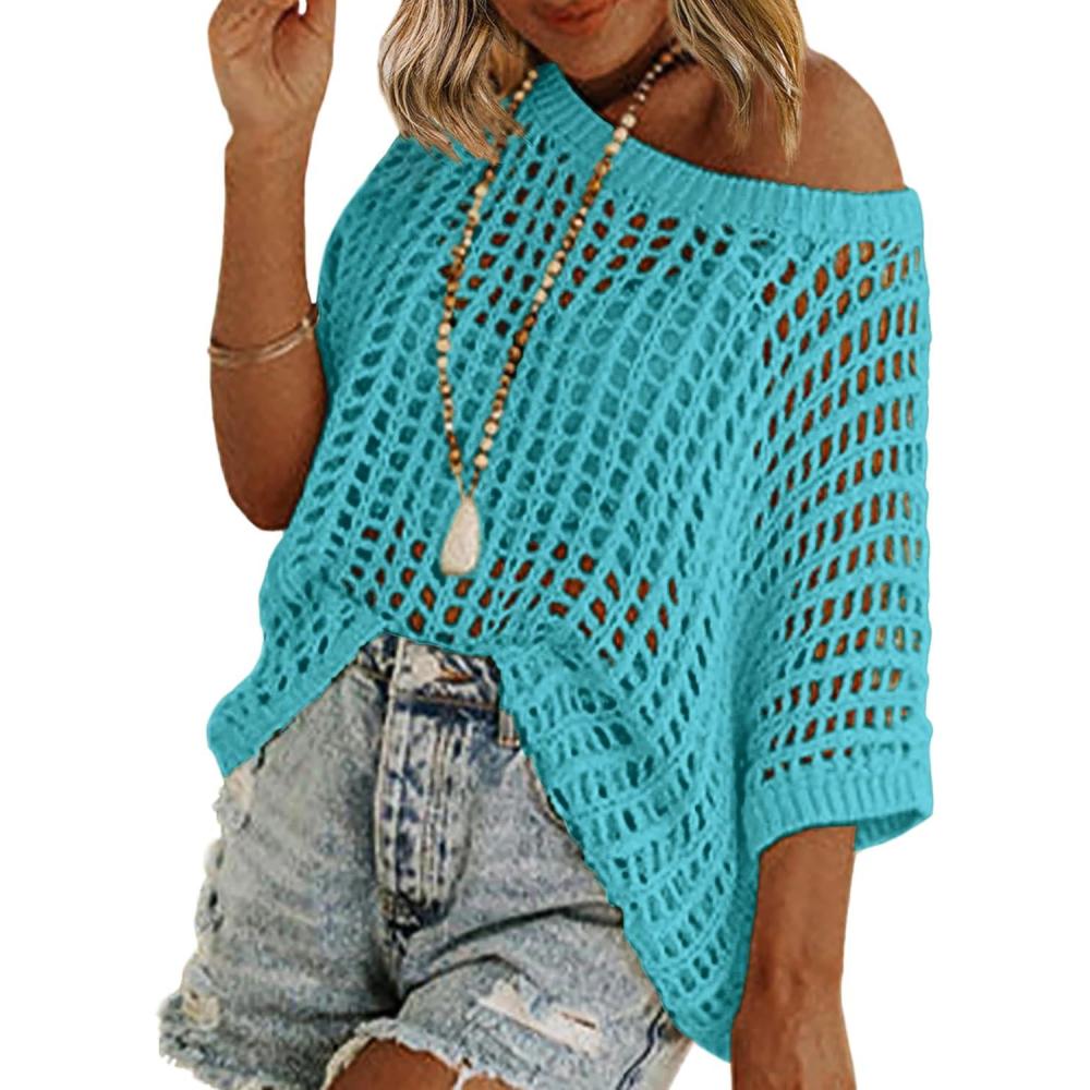 imageZeagoo Short Sleeve Crochet Sweater Lightweight Summer Tops Loose Hollow Out Crewneck PulloverPeacock Blue
