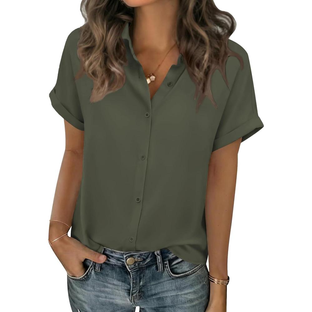 imageZeagoo Short Sleeve Summer Tops for Women Casual Button Down Shirts SolidStriped Business Work BlousesArmy Green