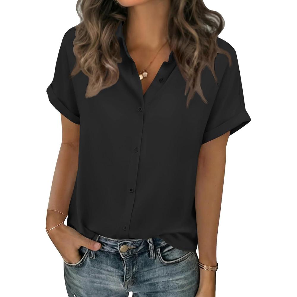 imageZeagoo Short Sleeve Summer Tops for Women Casual Button Down Shirts SolidStriped Business Work BlousesBlack
