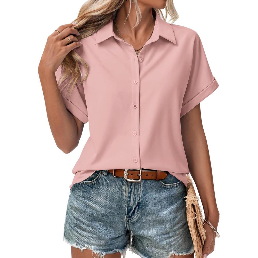 imageZeagoo Short Sleeve Summer Tops for Women Casual Button Down Shirts SolidStriped Business Work BlousesPink