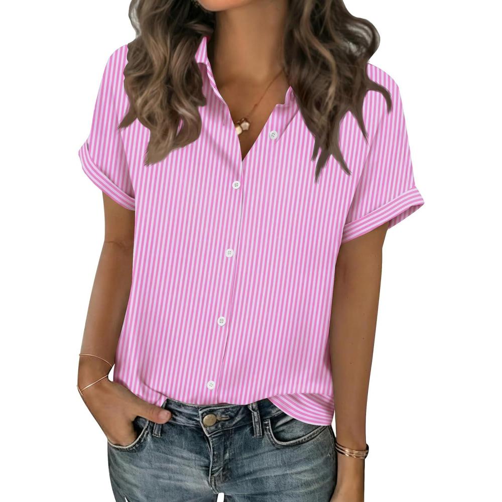 imageZeagoo Short Sleeve Summer Tops for Women Casual Button Down Shirts SolidStriped Business Work BlousesTw302
