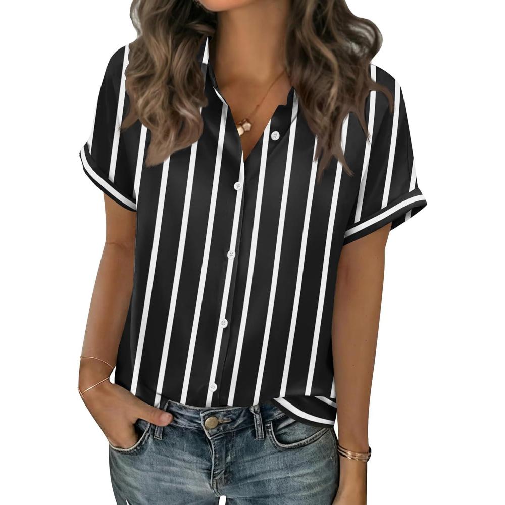imageZeagoo Short Sleeve Summer Tops for Women Casual Button Down Shirts SolidStriped Business Work BlousesTw635