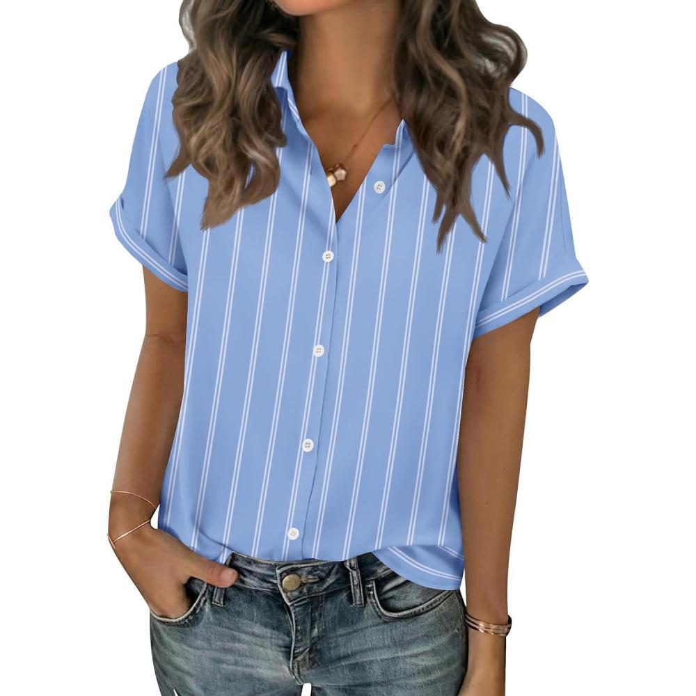 imageZeagoo Short Sleeve Summer Tops for Women Casual Button Down Shirts SolidStriped Business Work BlousesTw636