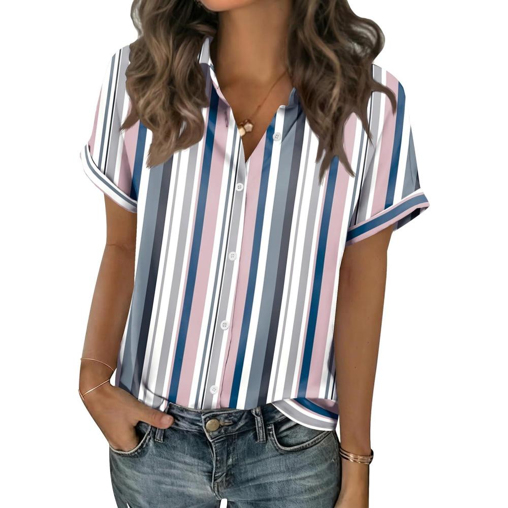 imageZeagoo Short Sleeve Summer Tops for Women Casual Button Down Shirts SolidStriped Business Work BlousesTw721