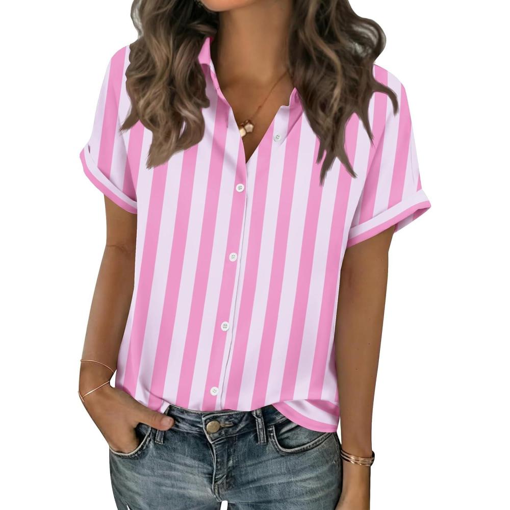 imageZeagoo Short Sleeve Summer Tops for Women Casual Button Down Shirts SolidStriped Business Work BlousesTw774
