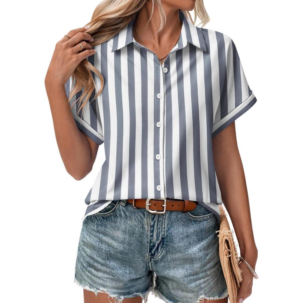 imageZeagoo Short Sleeve Summer Tops for Women Casual Button Down Shirts SolidStriped Business Work BlousesTw775