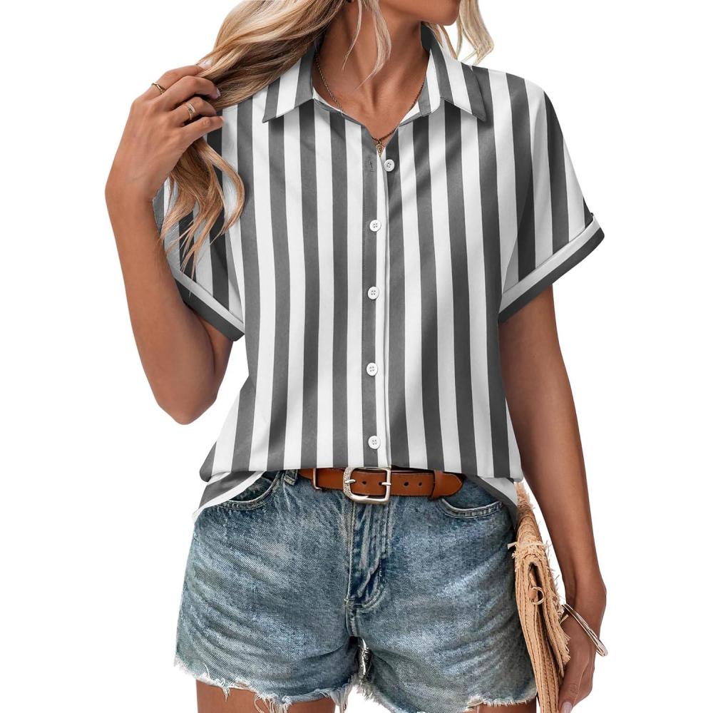 imageZeagoo Short Sleeve Summer Tops for Women Casual Button Down Shirts SolidStriped Business Work BlousesTw776
