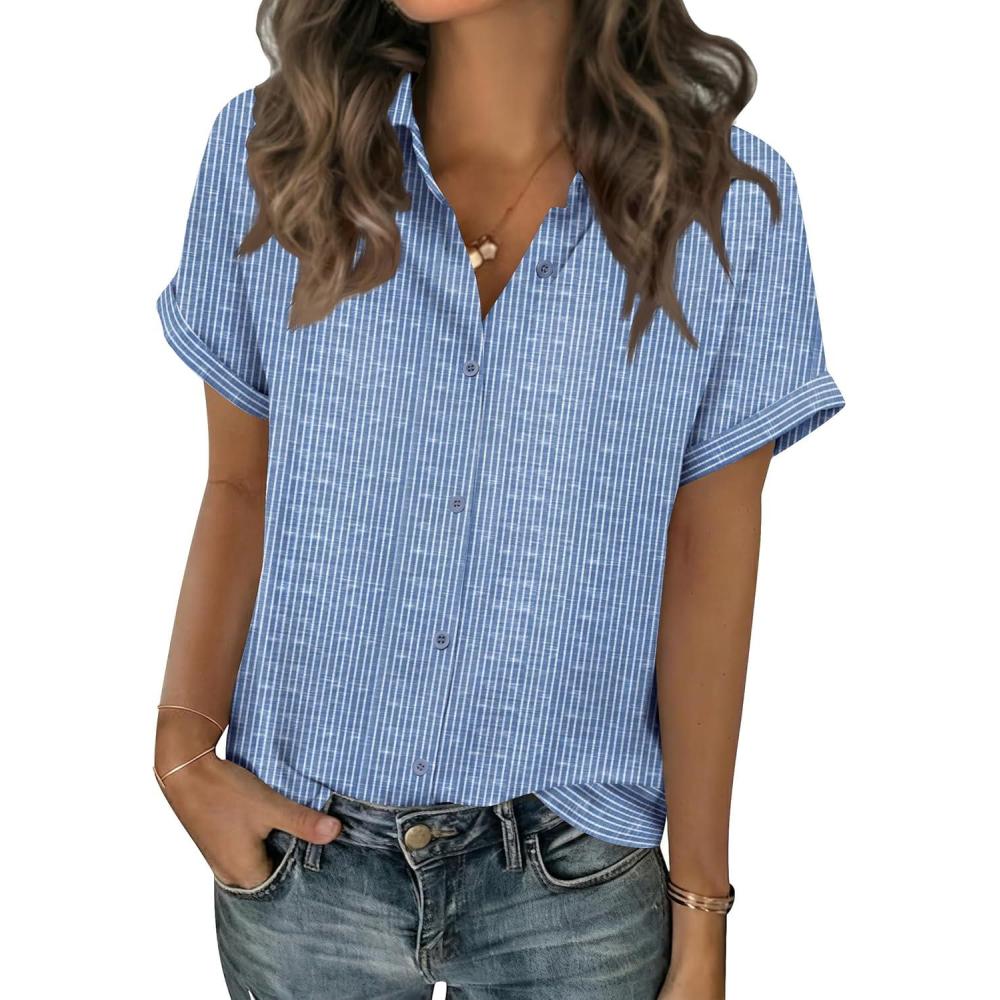 imageZeagoo Short Sleeve Summer Tops for Women Casual Button Down Shirts SolidStriped Business Work BlousesTz273