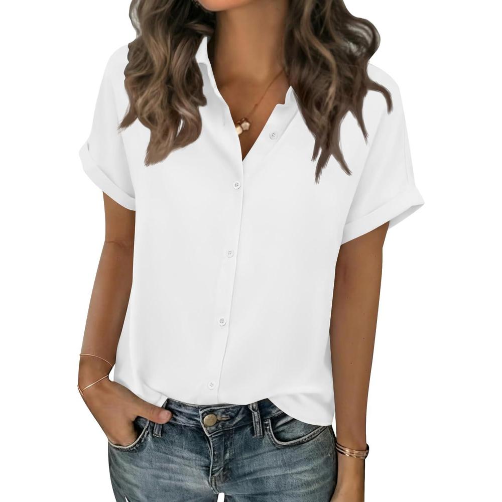 imageZeagoo Short Sleeve Summer Tops for Women Casual Button Down Shirts SolidStriped Business Work BlousesWhite