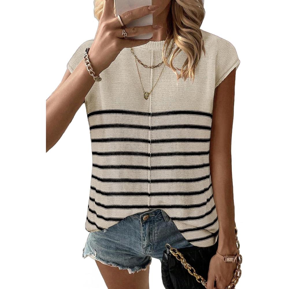 imageZeagoo Sleeveless Tops for Women Crew Neck Knit Cute Summer Sweaters Stripes Cream XLarge