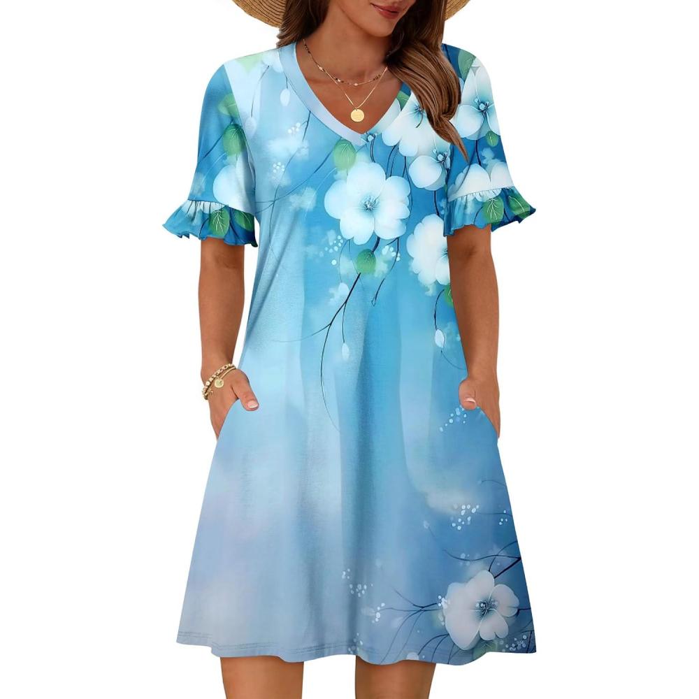 imageZeagoo Summer Casual Dresses for Women A Line Sun Dress Ruffle Short Sleeve V Neck Floral Tshirt Dress with PocketsBlue White Floral