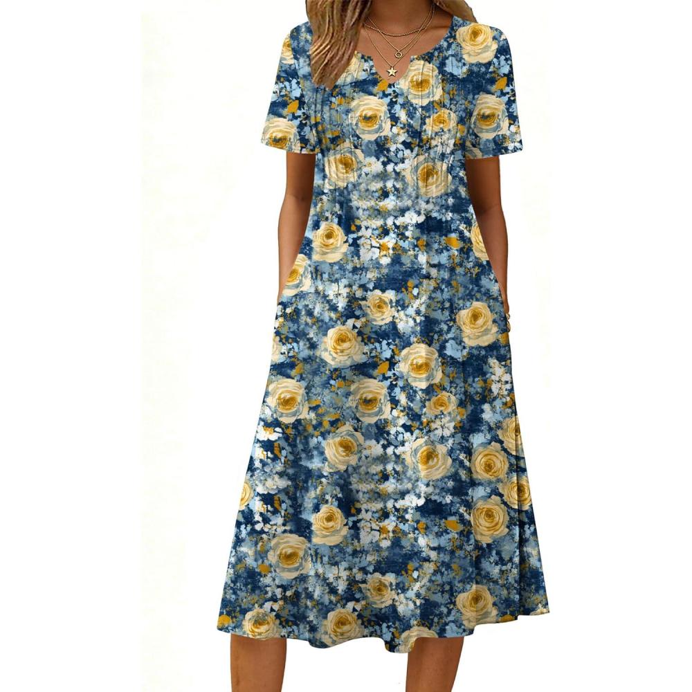 imageZeagoo Summer Dresses for Women 2026 Casual Short Sleeve Aline Midi Dress with Pocket Flowy Pleated Tshirt Beach SundressWf139