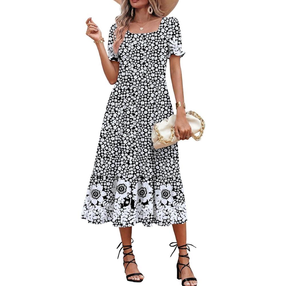imageZeagoo Summer Dresses for Women Flowy Casual Midi Dress Short Sleeve Tiered Dress Beach Vacation Sundresses with PocketsBlack Floral