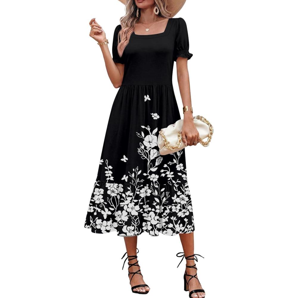 imageZeagoo Summer Dresses for Women Flowy Casual Midi Dress Short Sleeve Tiered Dress Beach Vacation Sundresses with PocketsBlack White Floral