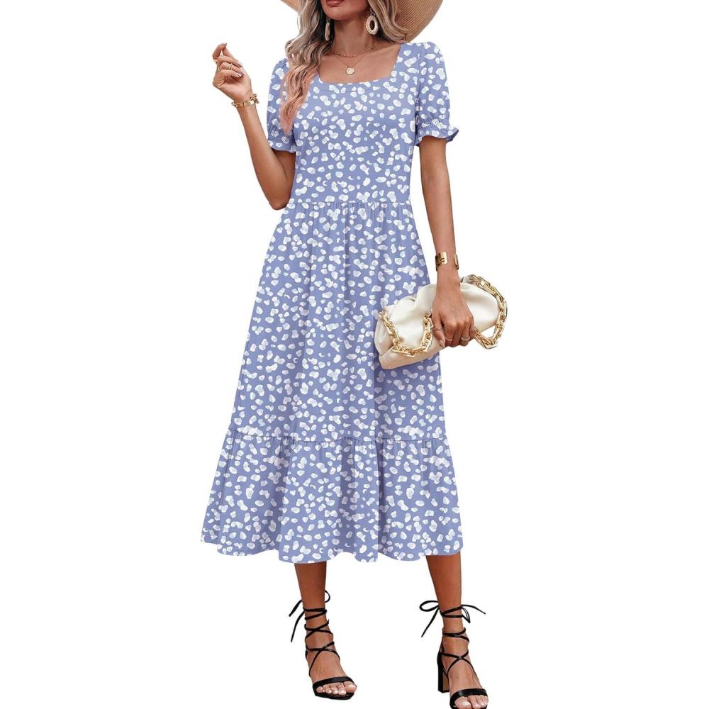 imageZeagoo Summer Dresses for Women Flowy Casual Midi Dress Short Sleeve Tiered Dress Beach Vacation Sundresses with PocketsBlue Dot
