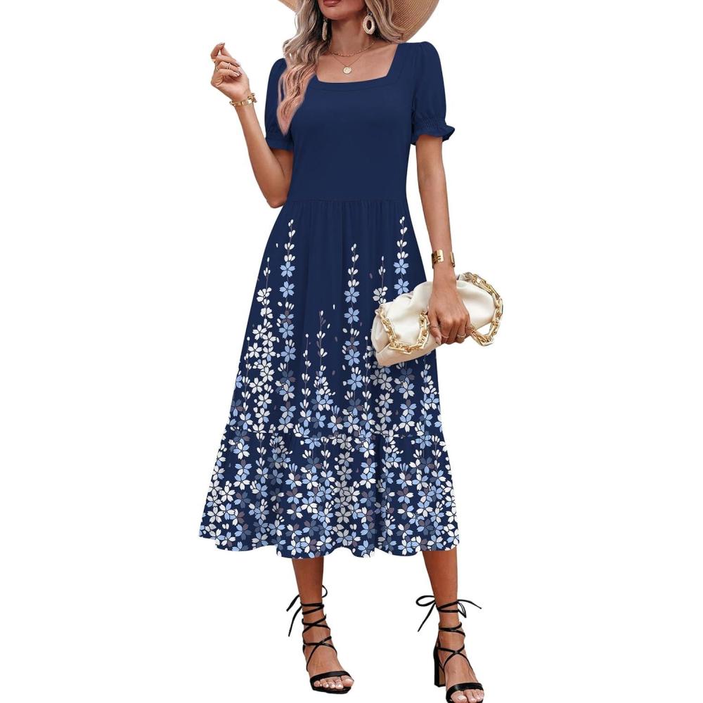 imageZeagoo Summer Dresses for Women Flowy Casual Midi Dress Short Sleeve Tiered Dress Beach Vacation Sundresses with PocketsNavy Blue Floral