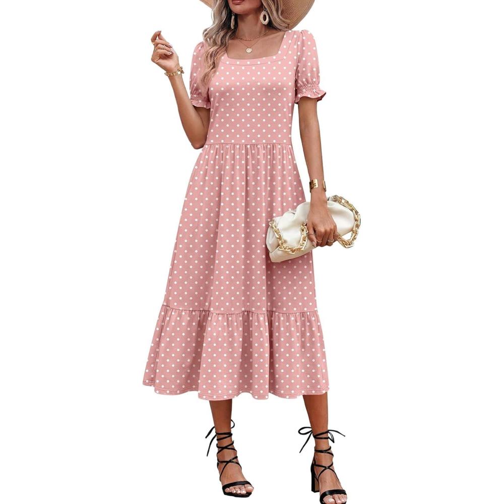 imageZeagoo Summer Dresses for Women Flowy Casual Midi Dress Short Sleeve Tiered Dress Beach Vacation Sundresses with PocketsPink Dot