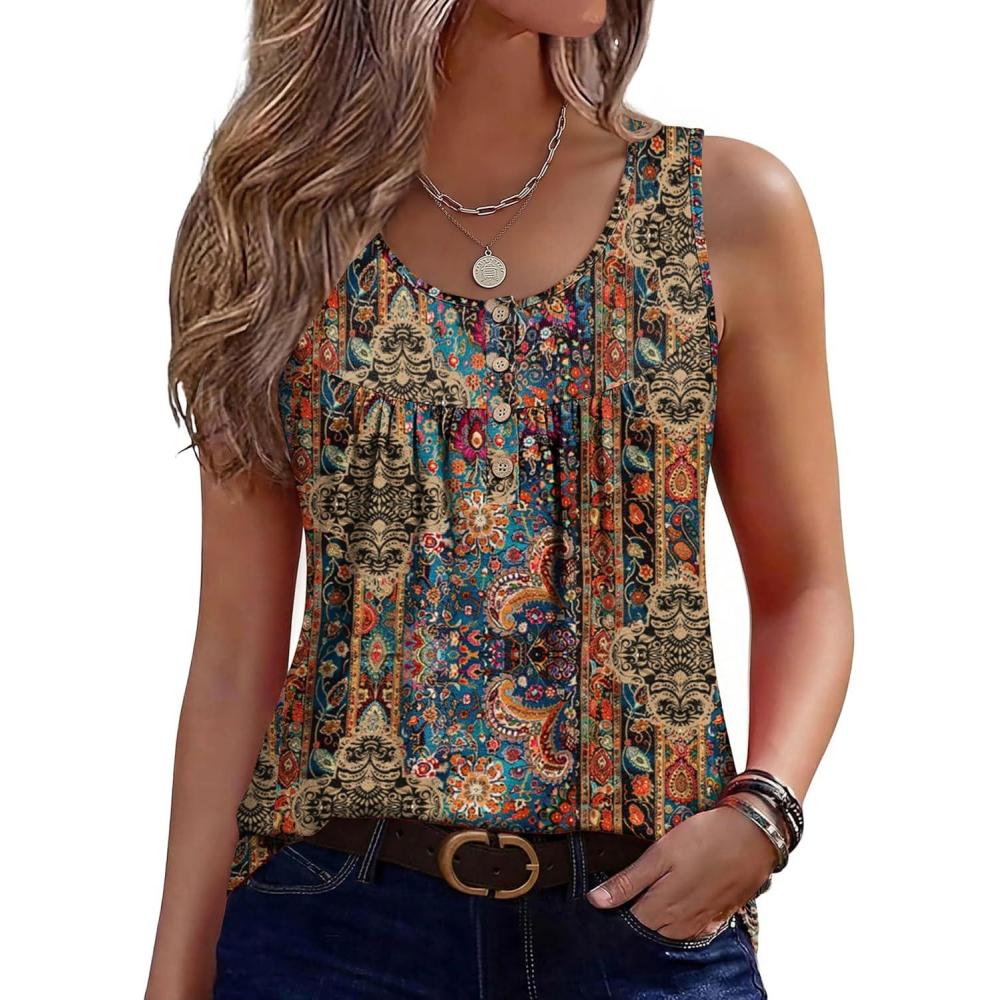 imageZeagoo Tank Top for Women 2026 Summer Loose Fit Sleeveless Pleated Flowy Floral Tunic Dressy BlouseA Mz721