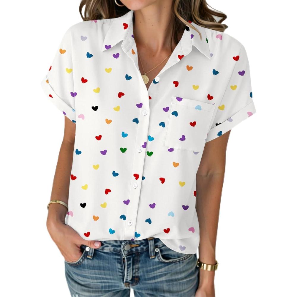 imageZeagoo White Button Down Shirt Women Heart Print Short Sleeve Blouse Dressy Casual Business Work Tops M
