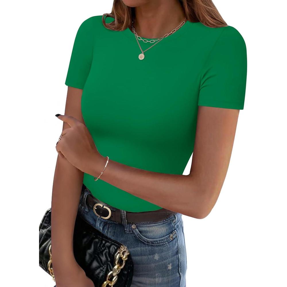 imageZeagoo Women Crewneck Slim Fitted Short Sleeve T Shirts Cute Stretchy Bodycon Basic Tee TopsGreen