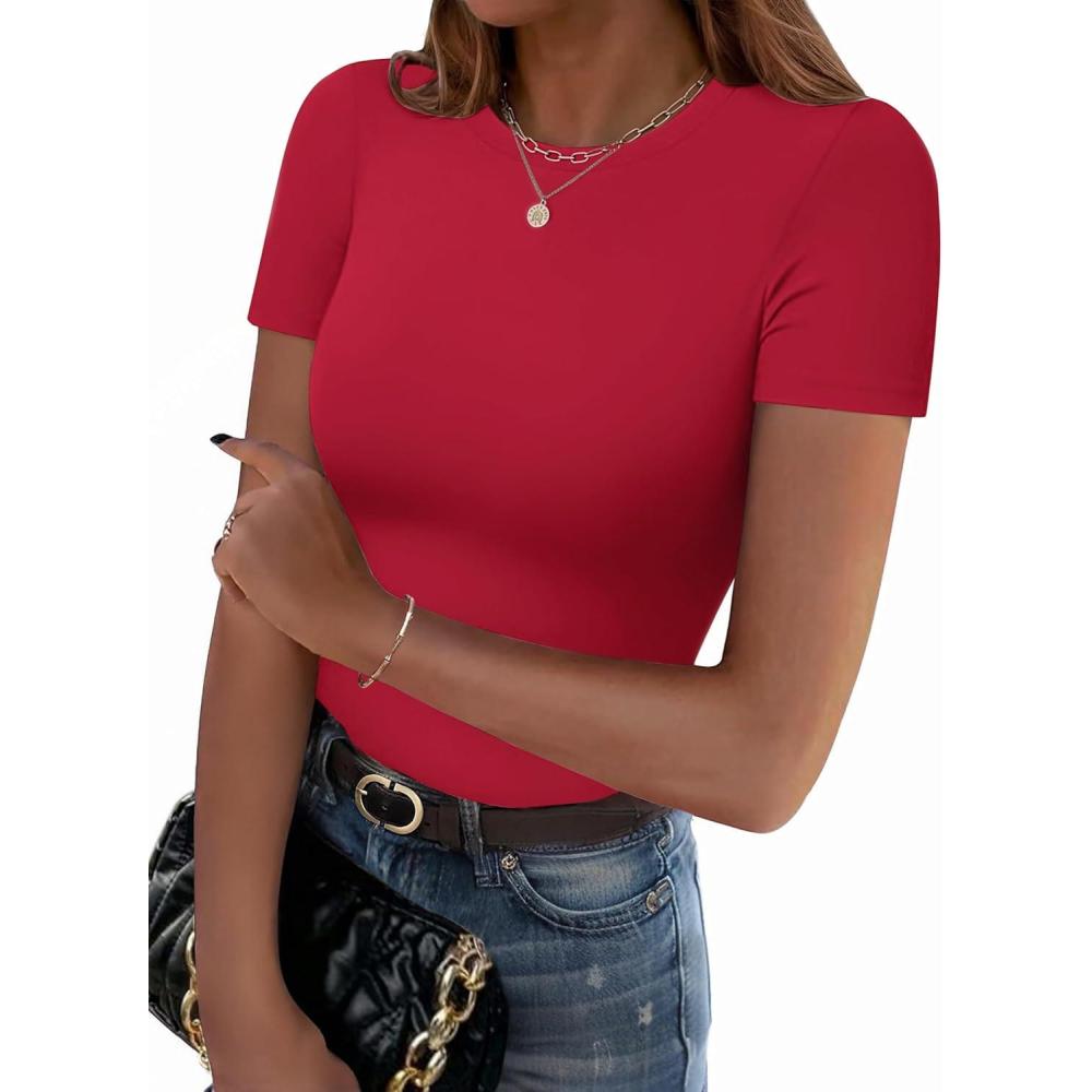 imageZeagoo Women Crewneck Slim Fitted Short Sleeve T Shirts Cute Stretchy Bodycon Basic Tee TopsRed