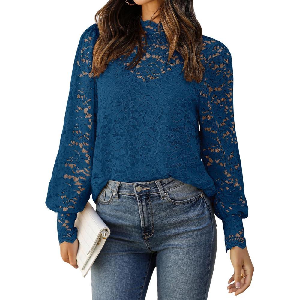 imageZeagoo Women Lace Tops Long Sleeves Mock Neck Casual Dressy Tops with Separable Camisole Sexy Blouses Shirts 2 PCS SetDusty Blue