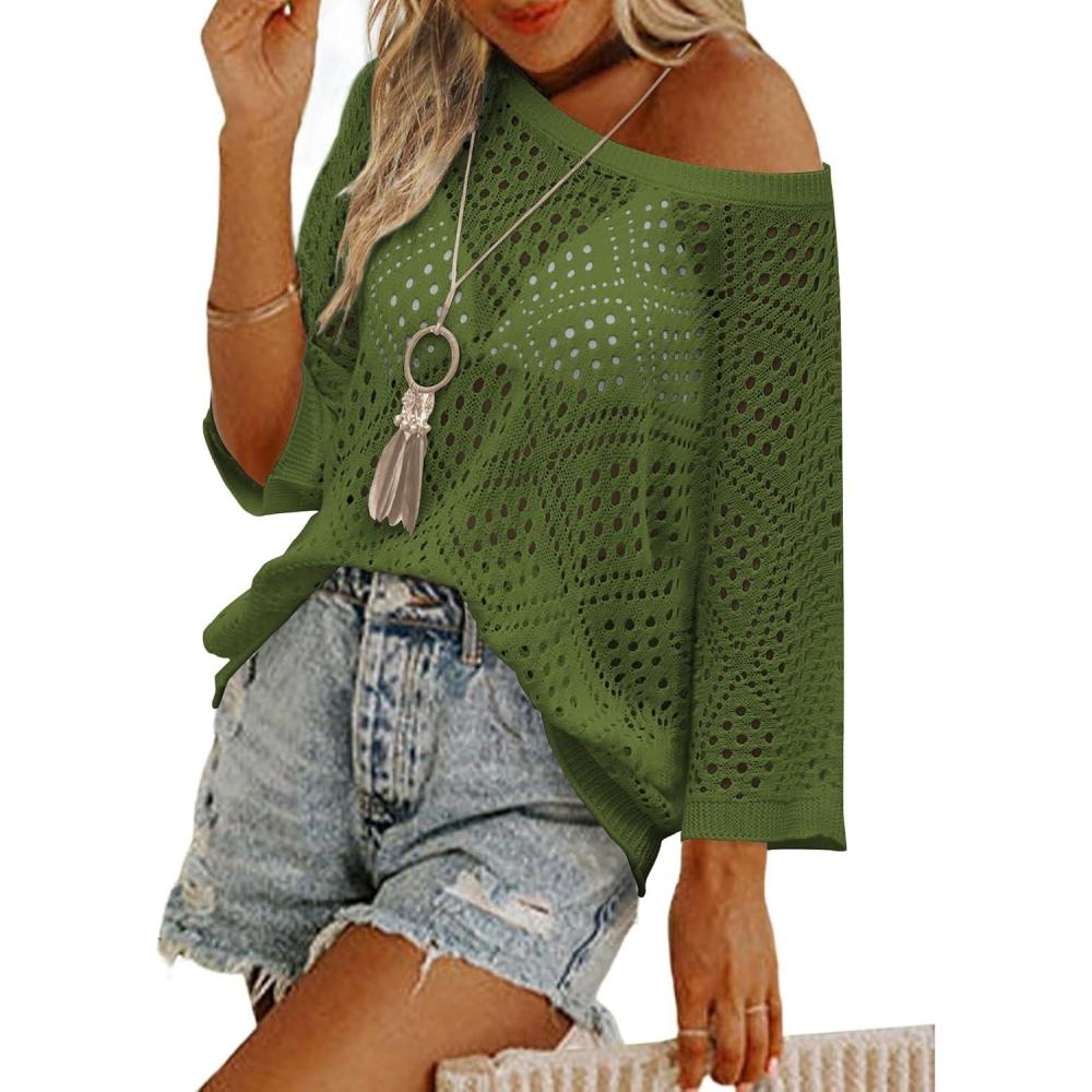 imageZeagoo Womens 2026 Spring Summer Crochet Top Hollow Out 34 Sleeve Sweater Off Shoulder Beach Knit CoverupArmy Green
