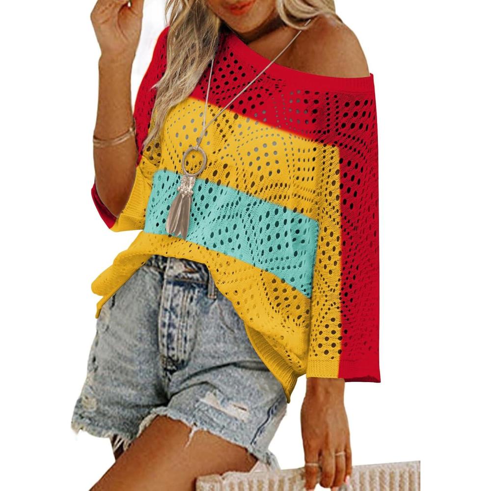 imageZeagoo Womens 2026 Spring Summer Crochet Top Hollow Out 34 Sleeve Sweater Off Shoulder Beach Knit CoverupColor Block1