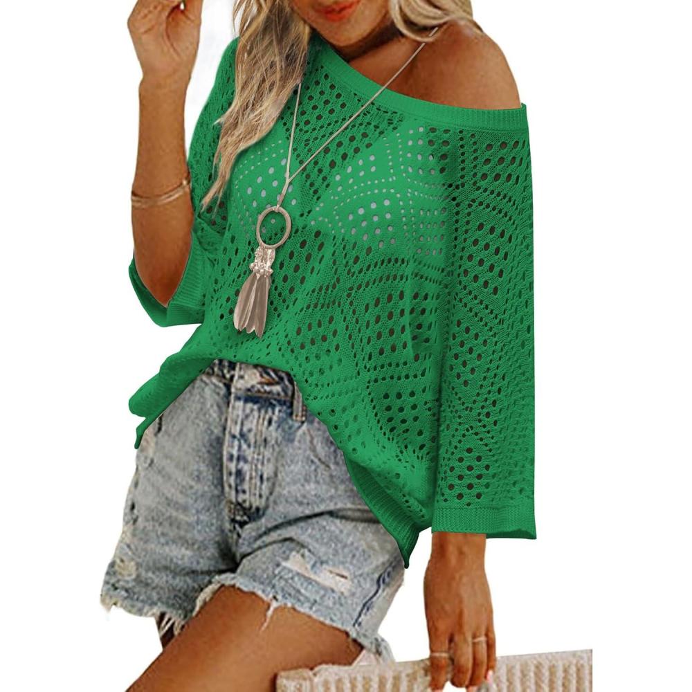 imageZeagoo Womens 2026 Spring Summer Crochet Top Hollow Out 34 Sleeve Sweater Off Shoulder Beach Knit CoverupGreen