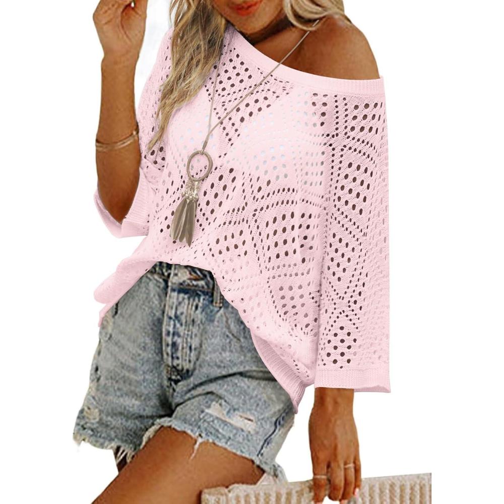 imageZeagoo Womens 2026 Spring Summer Crochet Top Hollow Out 34 Sleeve Sweater Off Shoulder Beach Knit CoverupPink