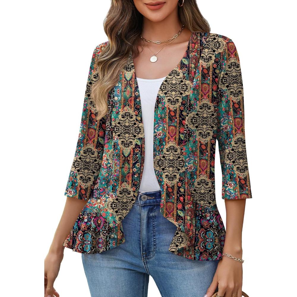 imageZeagoo Womens 2026 Summer 34 Sleeve Lightweight Cardigans Sweaters Open Front Draped Ruffles Kimono CoverupsAmz721