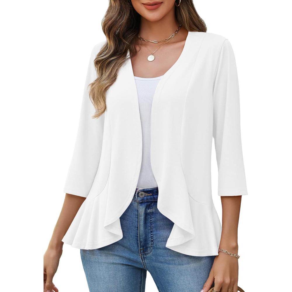 imageZeagoo Womens 2026 Summer 34 Sleeve Lightweight Cardigans Sweaters Open Front Draped Ruffles Kimono CoverupsAwhite