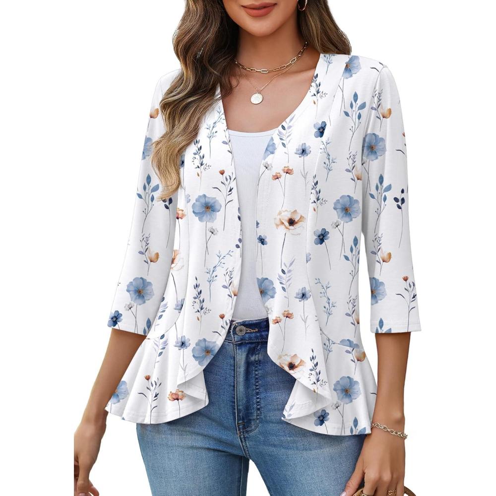 imageZeagoo Womens 2026 Summer 34 Sleeve Lightweight Cardigans Sweaters Open Front Draped Ruffles Kimono CoverupsBf290
