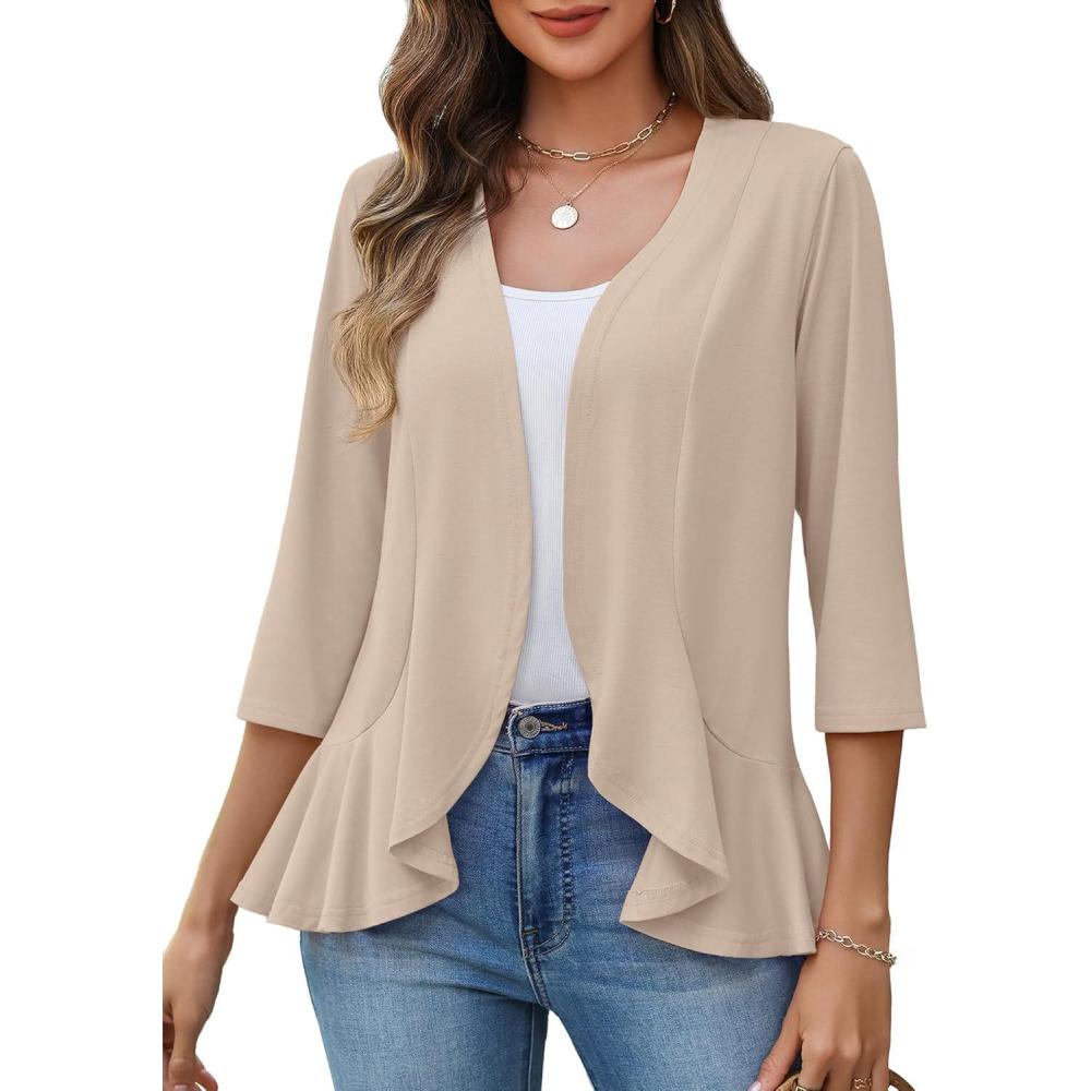 imageZeagoo Womens 2026 Summer 34 Sleeve Lightweight Cardigans Sweaters Open Front Draped Ruffles Kimono CoverupsKhaki