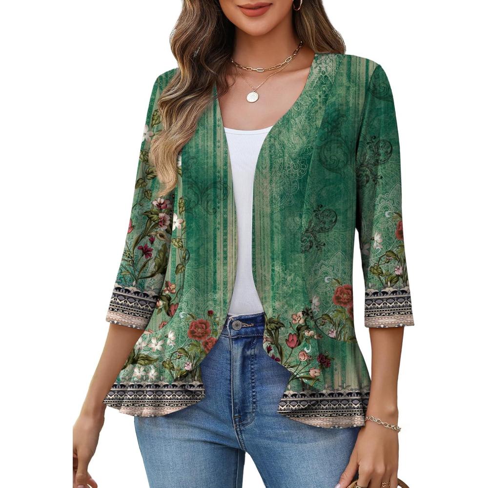 imageZeagoo Womens 2026 Summer 34 Sleeve Lightweight Cardigans Sweaters Open Front Draped Ruffles Kimono CoverupsMz839