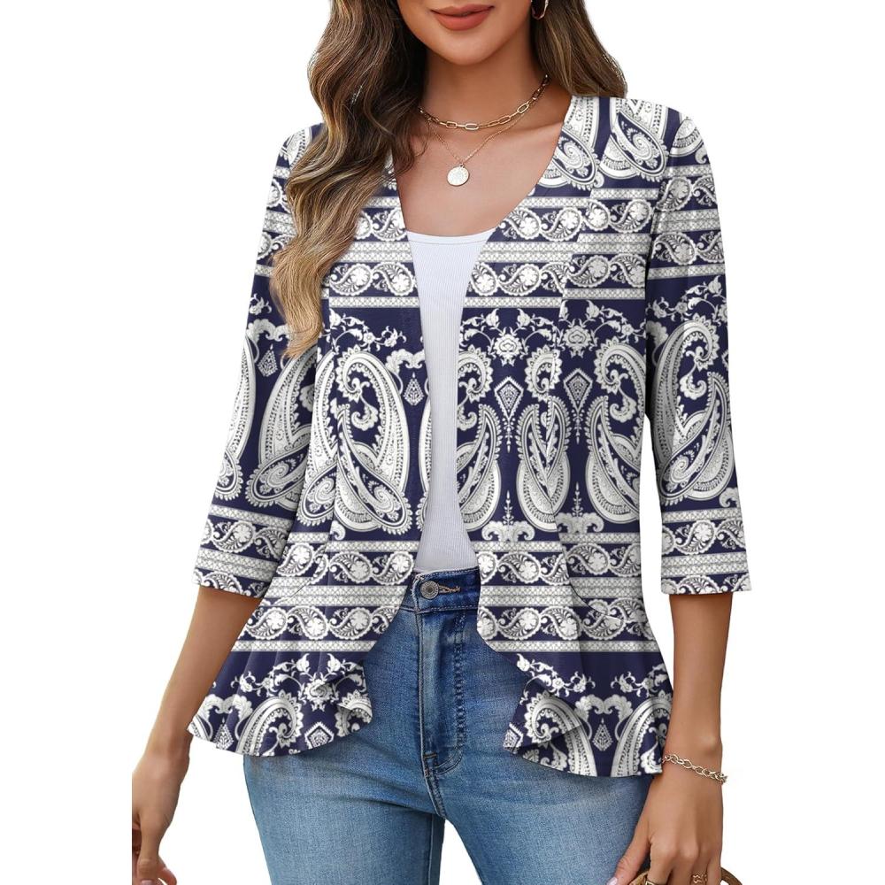 imageZeagoo Womens 2026 Summer 34 Sleeve Lightweight Cardigans Sweaters Open Front Draped Ruffles Kimono CoverupsMz908