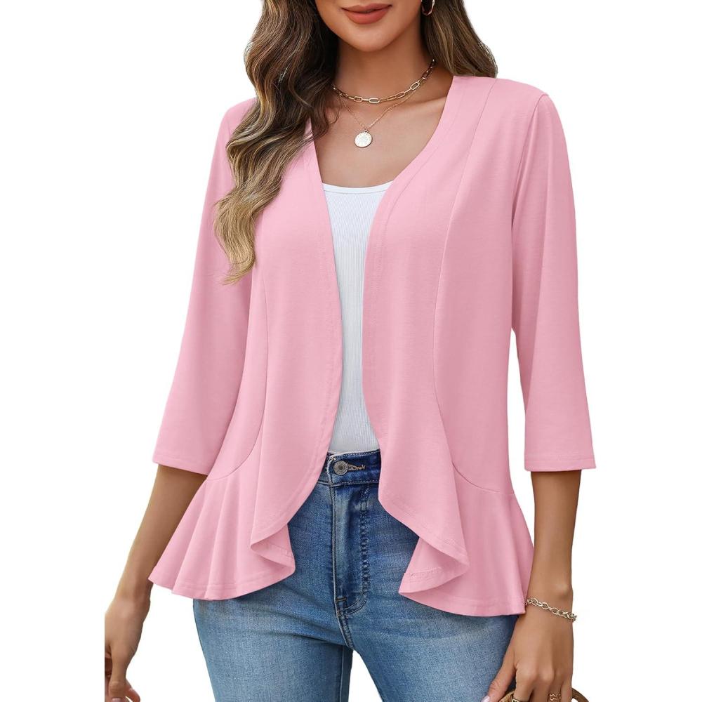imageZeagoo Womens 2026 Summer 34 Sleeve Lightweight Cardigans Sweaters Open Front Draped Ruffles Kimono CoverupsPink