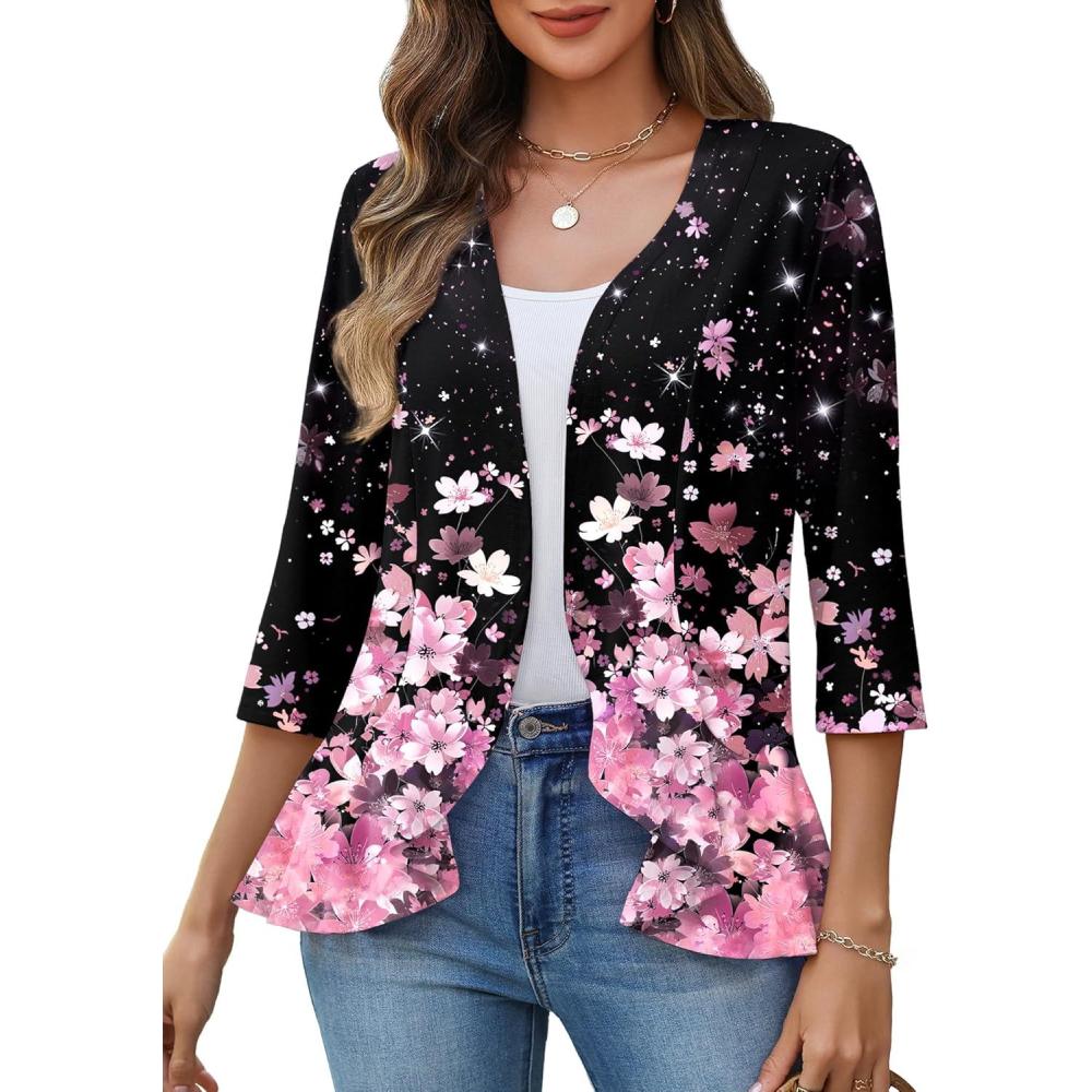 imageZeagoo Womens 2026 Summer 34 Sleeve Lightweight Cardigans Sweaters Open Front Draped Ruffles Kimono CoverupsSf31