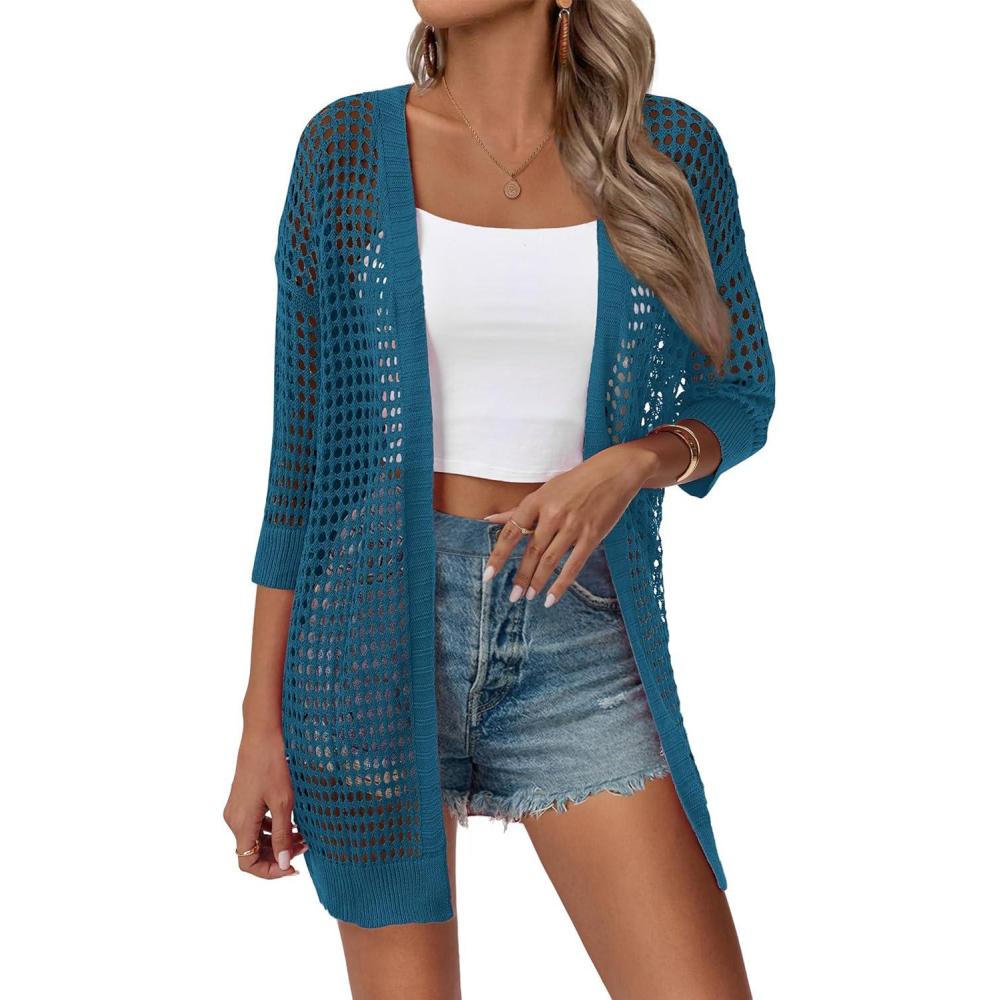 imageZeagoo Womens 2026 Summer Crochet Lightweight Cardigan Short Sleeve Boho Kimono Oversized Open Front Sweater Tops Lake Blue