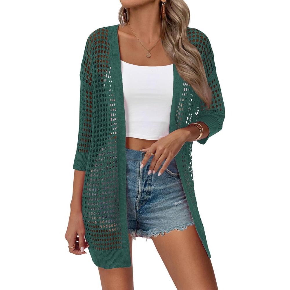 imageZeagoo Womens 2026 Summer Crochet Lightweight Cardigan Short Sleeve Boho Kimono Oversized Open Front Sweater TopsGreen