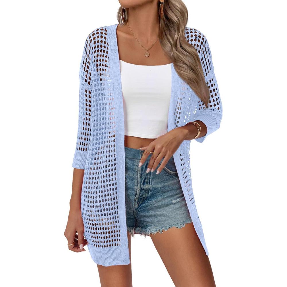 imageZeagoo Womens 2026 Summer Crochet Lightweight Cardigan Short Sleeve Boho Kimono Oversized Open Front Sweater TopsLight Blue