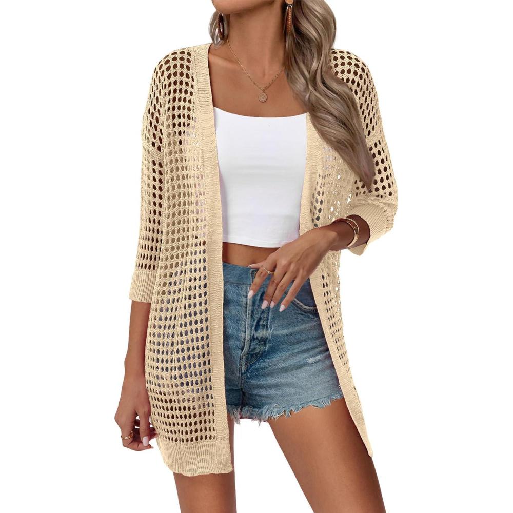 imageZeagoo Womens 2026 Summer Crochet Lightweight Cardigan Short Sleeve Boho Kimono Oversized Open Front Sweater TopsLight Khaki