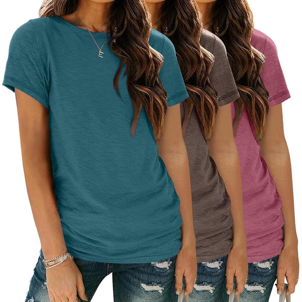 imageZeagoo Womens 3 Pack Tshirts for Women Short Sleeve Shirt Crewneck Basic Tee Summer Tops Lightweight Plain Workout ClothesBlue Greengrey Purplebrown