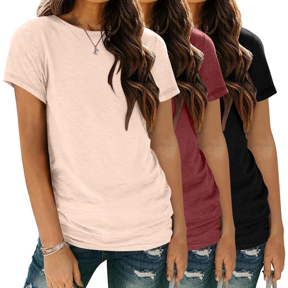 imageZeagoo Womens 3 Pack Tshirts for Women Short Sleeve Shirt Crewneck Basic Tee Summer Tops Lightweight Plain Workout ClothesCreamwine Redblack