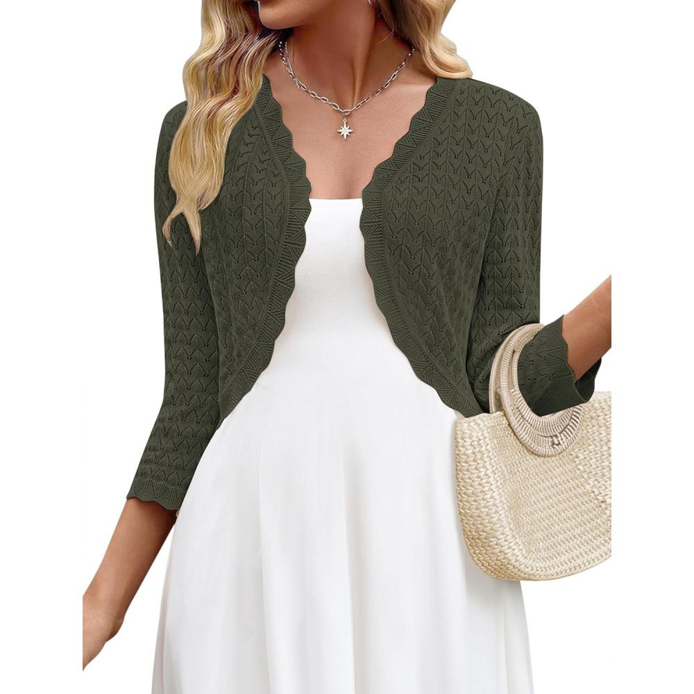 imageZeagoo Womens Bolero Shrug Crochet Cropped Cardigan Summer 34 Sleeve Lightweight Cardigans for DressArmy Green