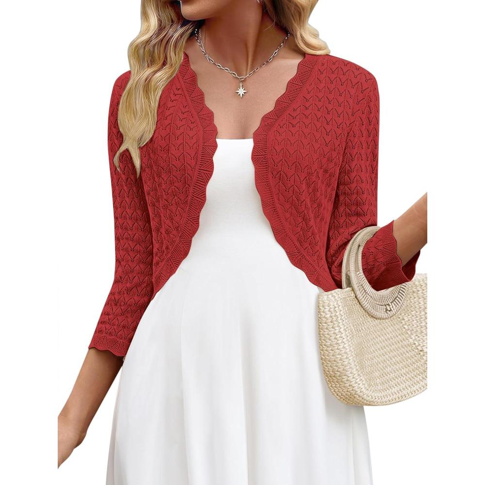 imageZeagoo Womens Bolero Shrug Crochet Cropped Cardigan Summer 34 Sleeve Lightweight Cardigans for DressRed
