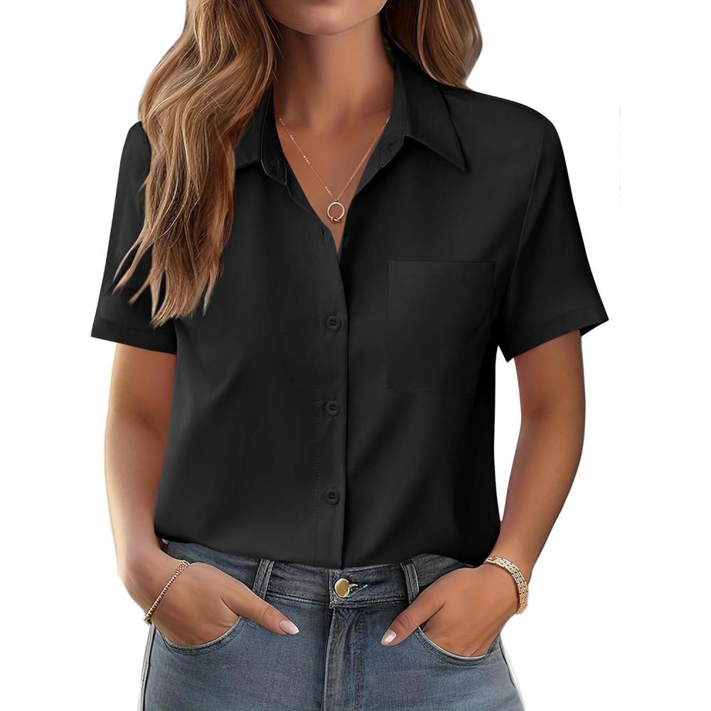 imageZeagoo Womens Button Down Shirt Bust Pocket Short Sleeve Blouses Business Casual Work Tops Summer OutfitsBlack