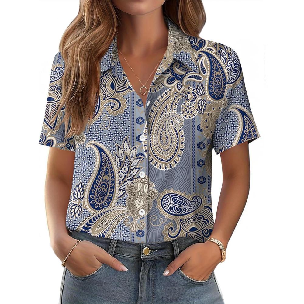 imageZeagoo Womens Button Down Shirt Bust Pocket Short Sleeve Blouses Business Casual Work Tops Summer OutfitsBoho Blue 919
