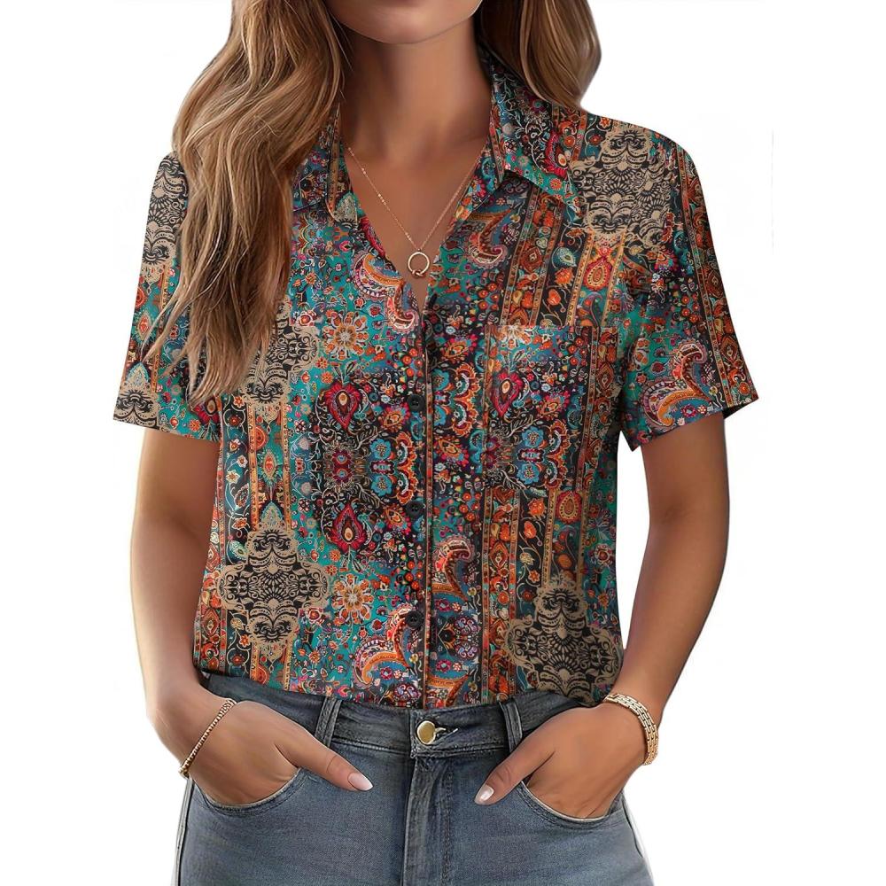 imageZeagoo Womens Button Down Shirt Bust Pocket Short Sleeve Blouses Business Casual Work Tops Summer OutfitsBoho Multicolor 721